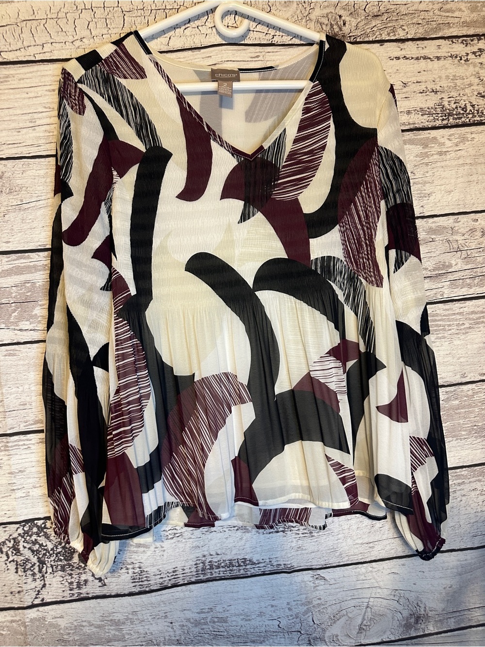 Chico’s Abstract Print Sheer Blouse Size 2 Large Flowy Boho Top